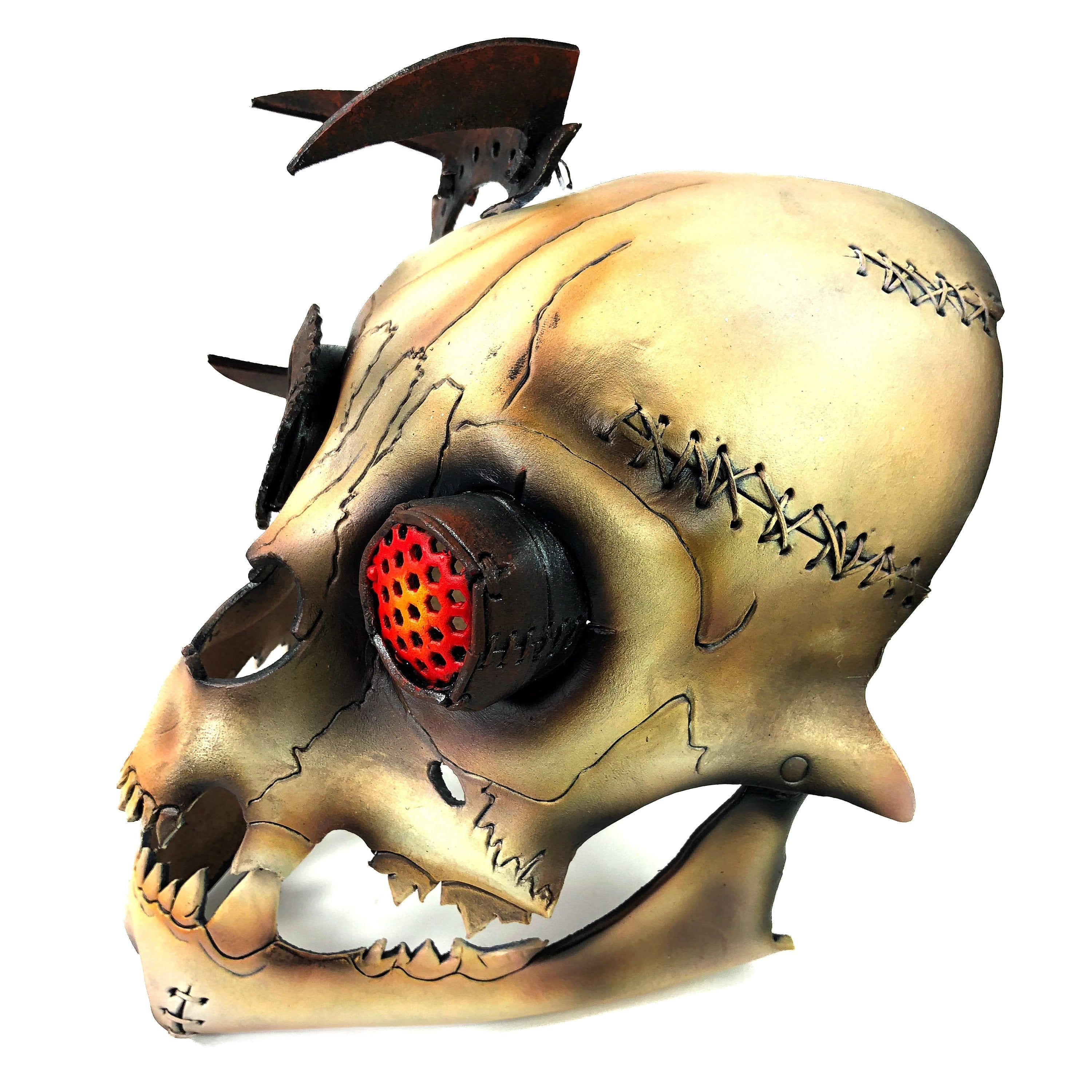 Handcrafted Genuine Leather Dimensional Cat Skull Robot Mask Left